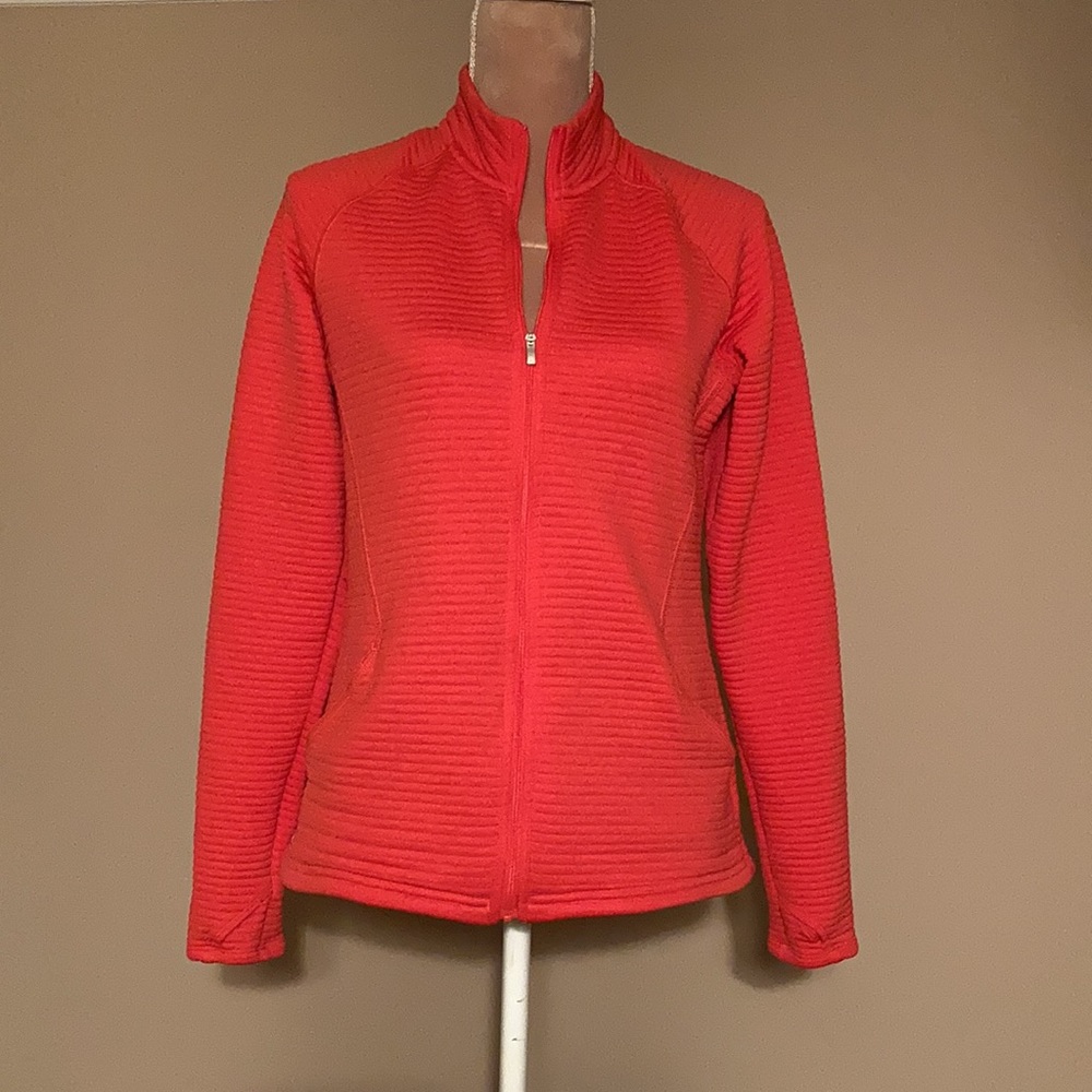 Women’s Adidas zip up jacket - size Medium - bright coral color w/ thumb holes